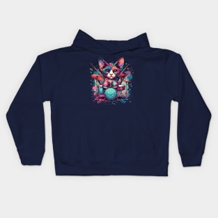 Devon Rex Cat Playing Drums Kids Hoodie